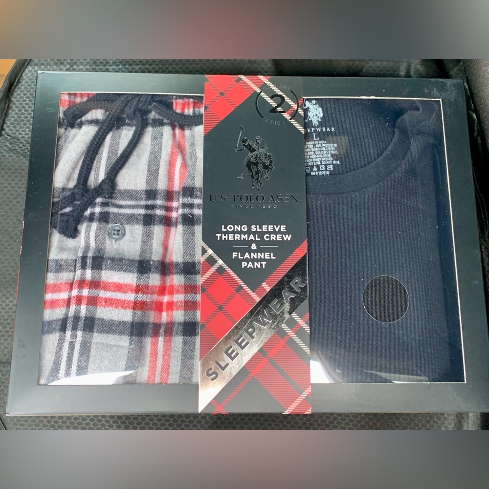 U.S. Polo Assn. Pajama Set - Black Thermal top, Plaid flannel pants